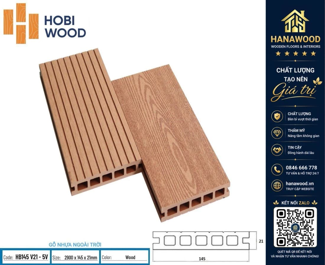 Sàn Ngoài Trời HobiWood 5 Lỗ Vuông HB145 V21-5V Wood