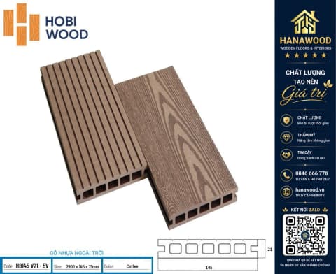 Sàn Ngoài Trời HobiWood 5 Lỗ Vuông HB145 V21-5V Coffee
