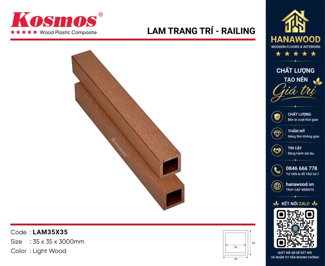 Thanh Lam Gỗ Nhựa Ngoài Trời Kosmos 35x35 Light Wood