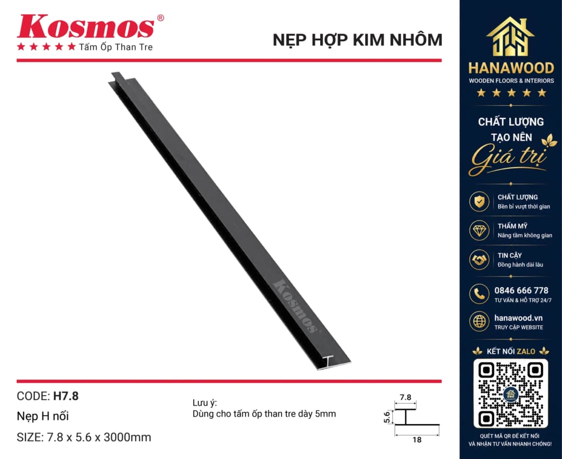 Nẹp H7.8 Nối Tấm Than Tre Kosmos 5mm Màu Đen