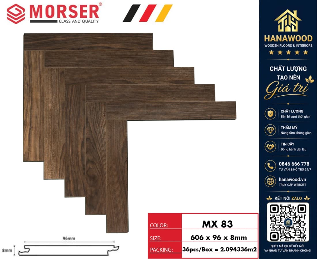 Sàn Gỗ Công Nghiệp Morser Xương Cá Cốt Xanh 8mm MX 83