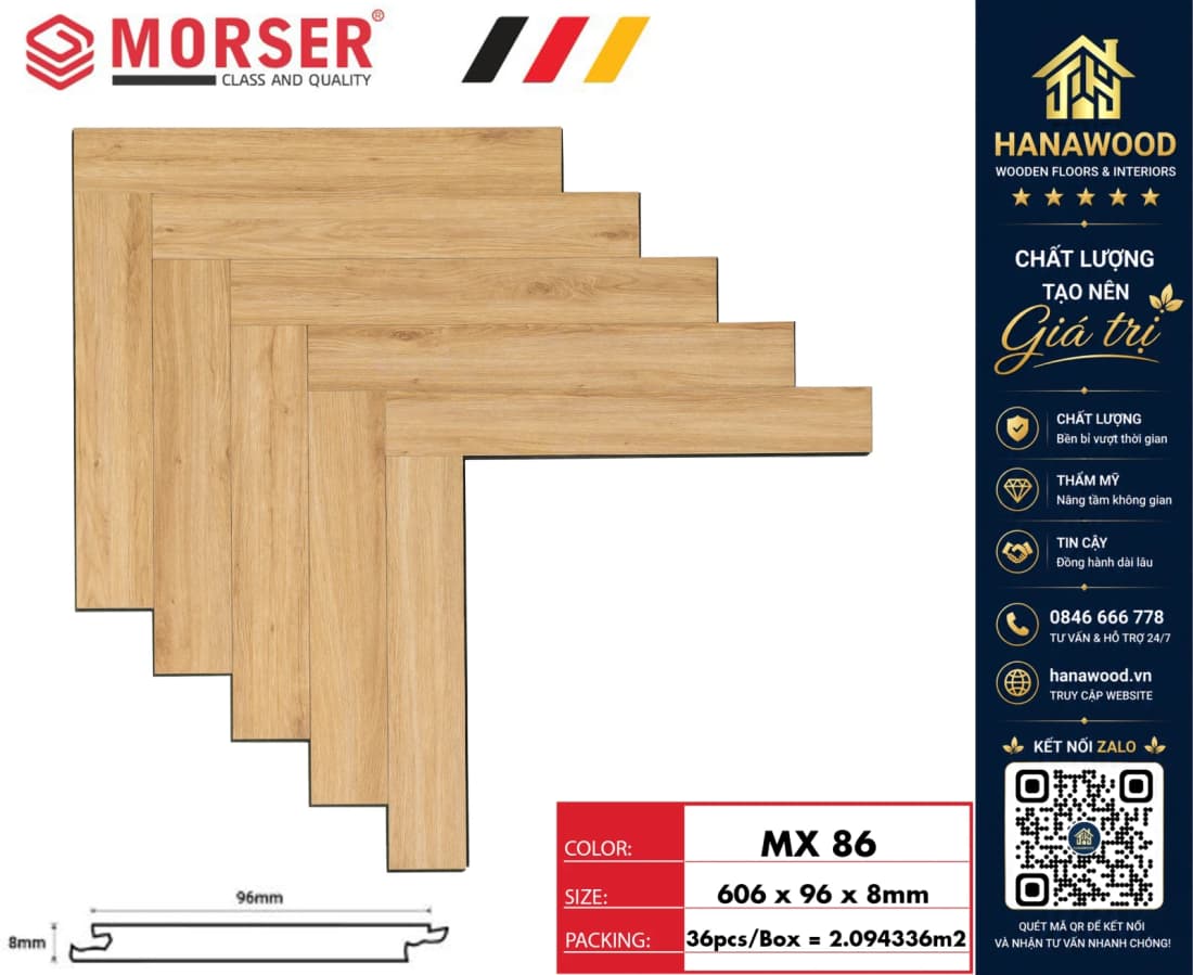Sàn Gỗ Công Nghiệp Morser Xương Cá Cốt Xanh 8mm MX 86