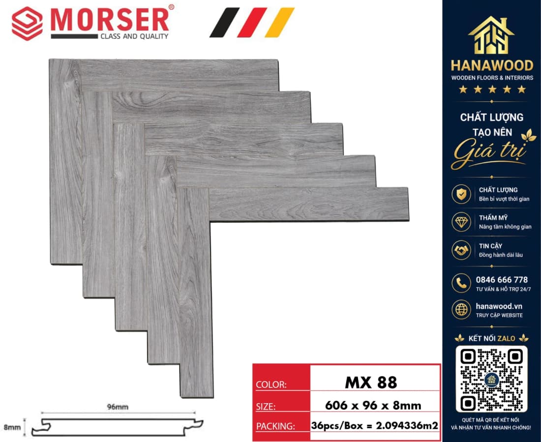 Sàn Gỗ Công Nghiệp Morser Xương Cá Cốt Xanh 8mm MX 88