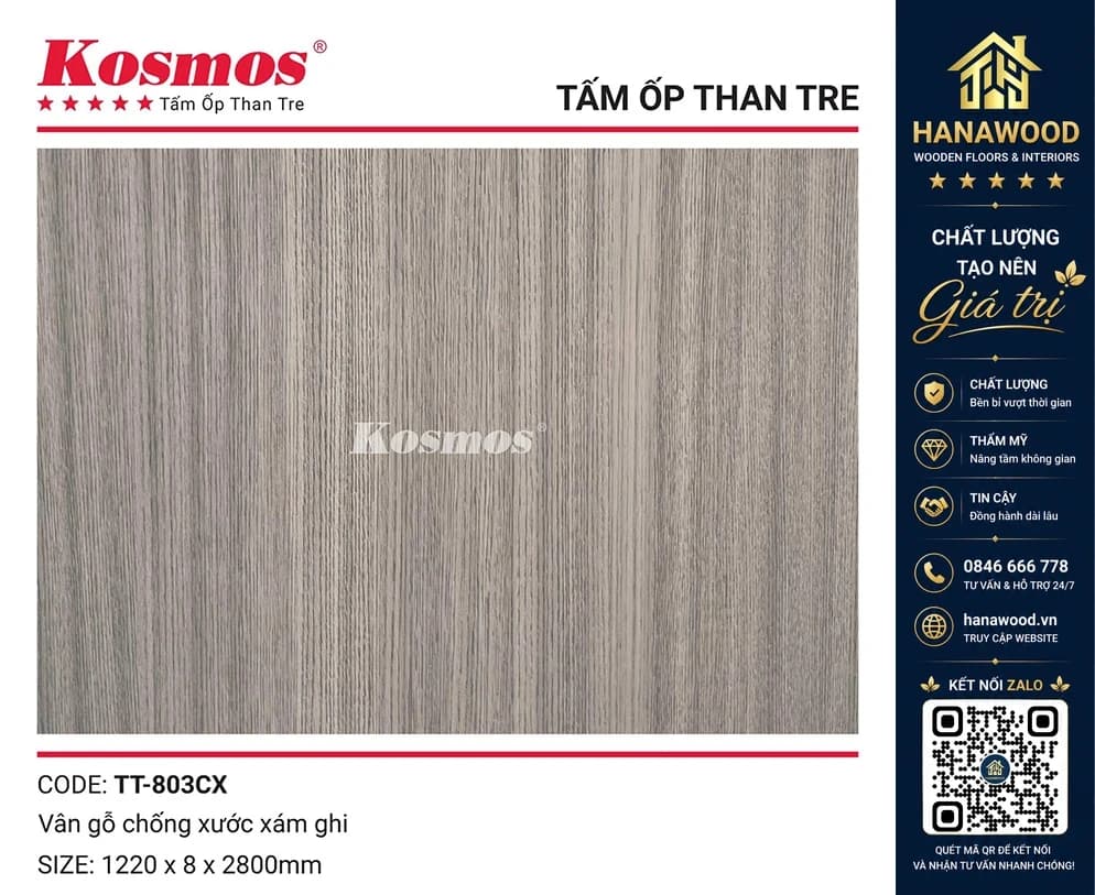 Tấm Ốp Than Tre Kosmos TT-803CX Vân Gỗ Xám Ghi