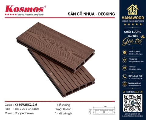 Sàn Gỗ Nhựa Lỗ Vuông Ngoài Trời Kosmos K140V25X2.2M Copper Brown