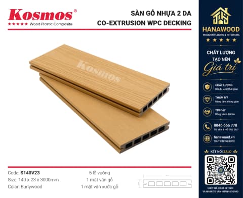 Sàn Ngoài Trời Lỗ Vuông 2 Lớp Phủ Polymer Kosmos S140V23 Walnut