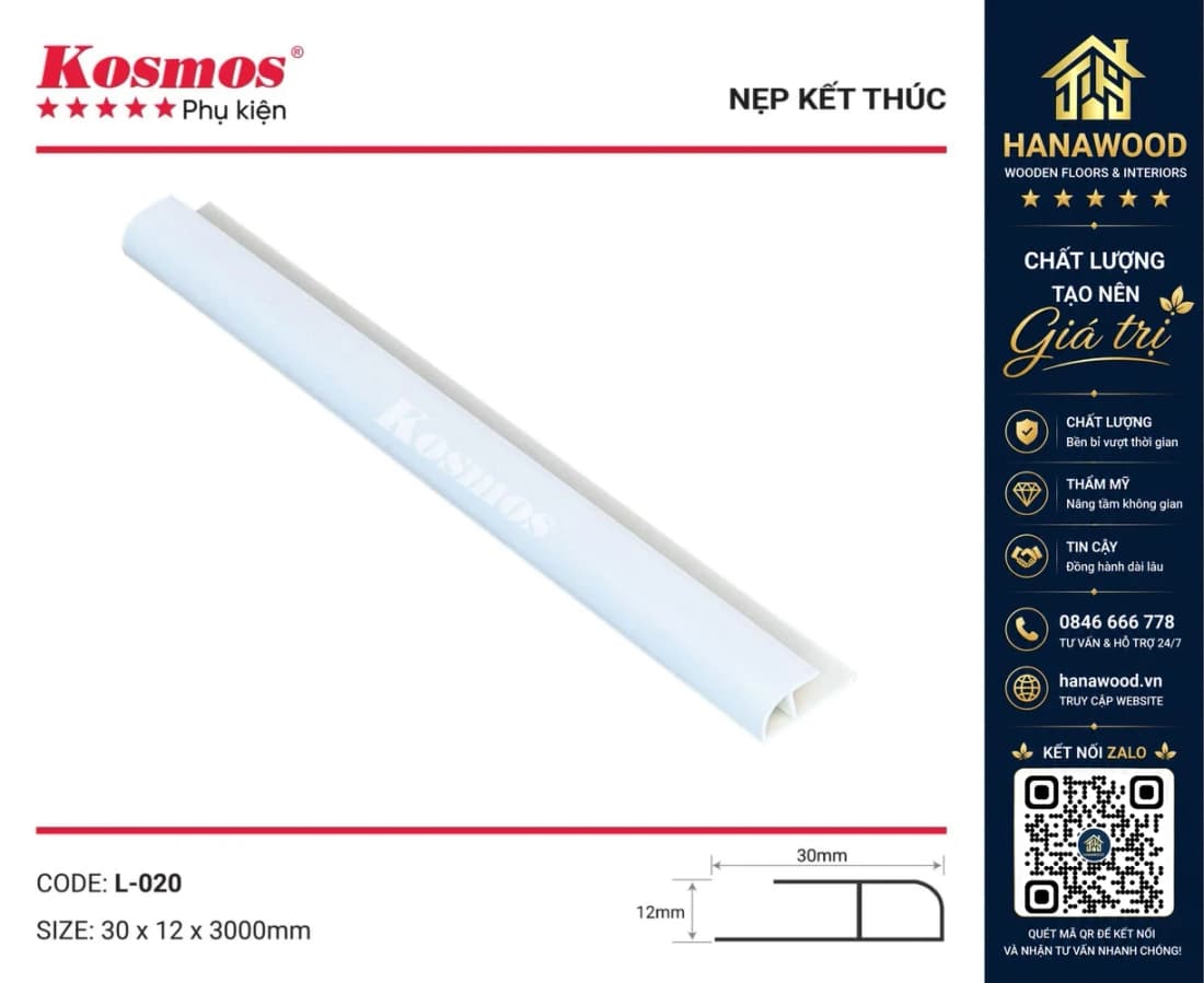 Nẹp Kết Thúc Tấm Ốp Tường Màu Trắng Trơn Kosmos L-020