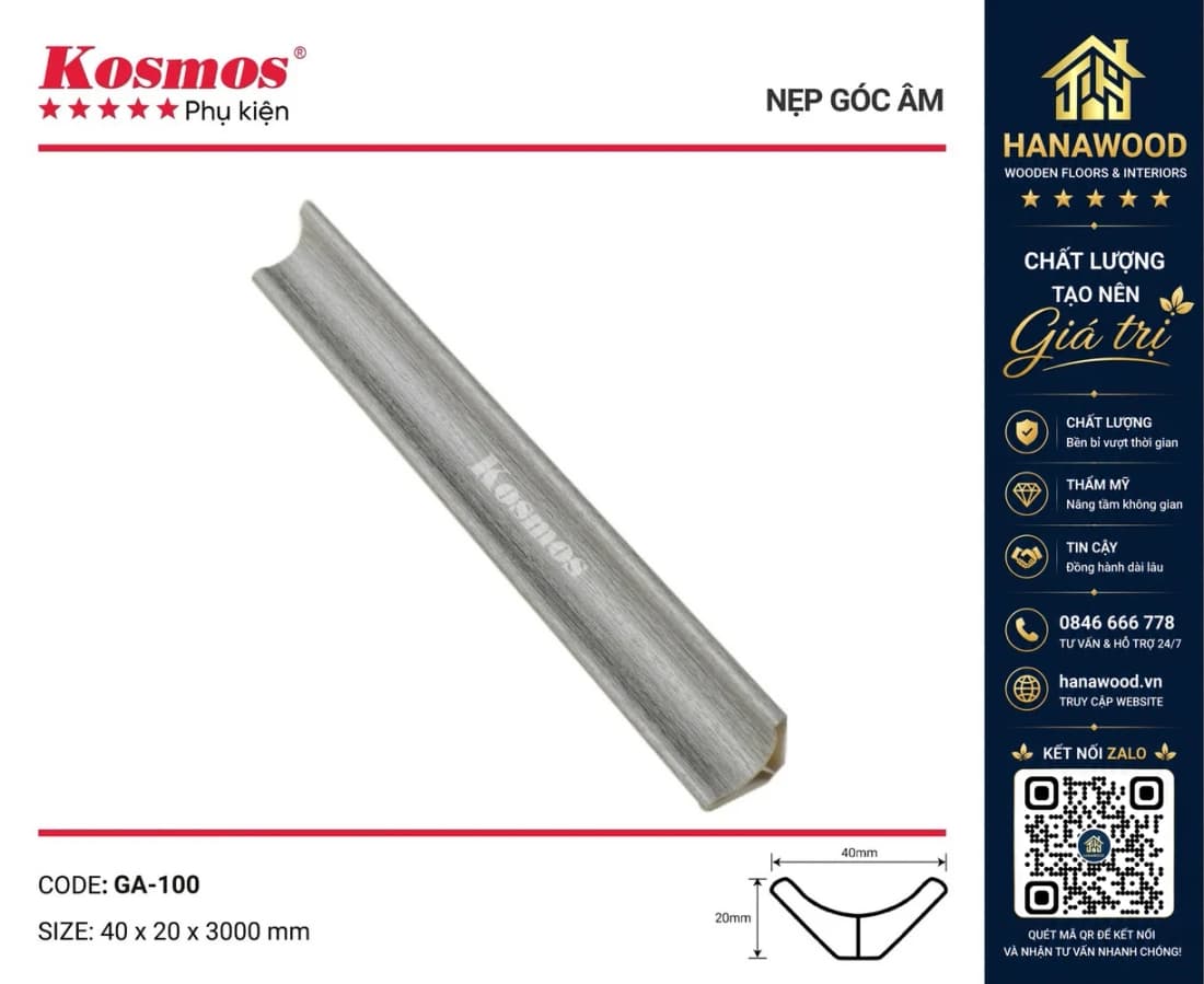 Phào Góc Âm Nhựa Giả Gỗ Màu Xám Kosmos GA-100