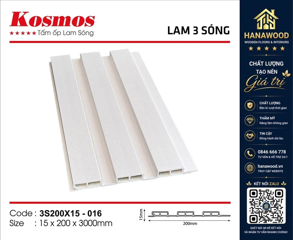 Lam 3 Sóng Nhựa Giả Gỗ Kosmos 3S200X15-016 Màu Trắng Trơn