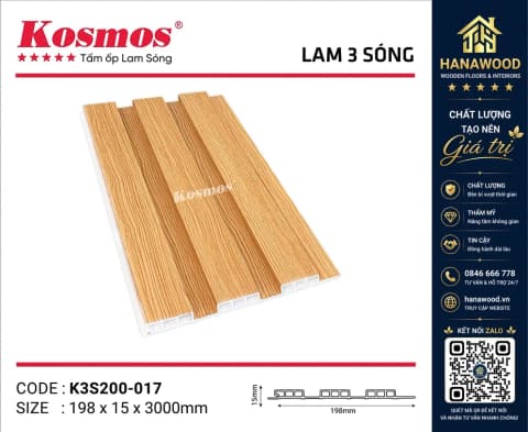 Lam Sóng Ốp Trần Nhựa Giả Gỗ Kosmos K3S200-017