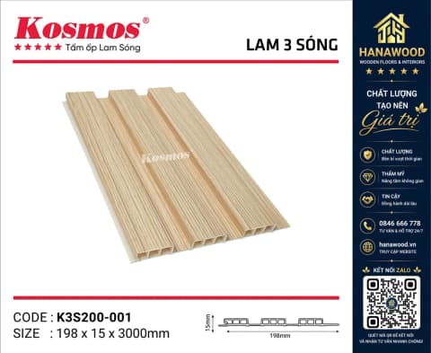 Tấm Ốp Lam Sóng Nhựa Giả Gỗ Kosmos K3S200-001