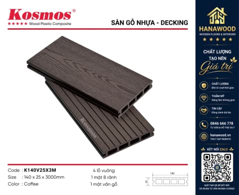 Sàn Sân Vườn Gỗ Nhựa Ngoài Trời Kosmos K140V25 Lỗ Vuông