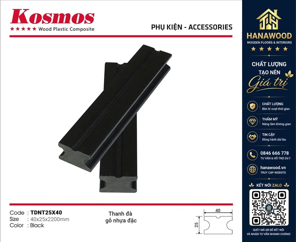Thanh Xương Đà Nhựa Lắp Sàn Ngoài Trời Kosmos TDNT25X40 Black