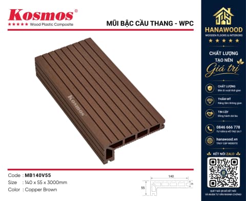 Nẹp Mũi Bậc Cầu Thang Sàn Gỗ Nhựa Ngoài Trời Kosmos MB140V55