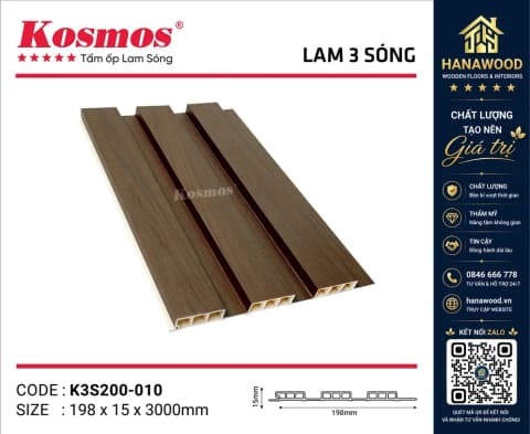 Lam 3 Sóng Thấp Nhựa Ốp Tường Ốp Trần Kosmos K3S200-010