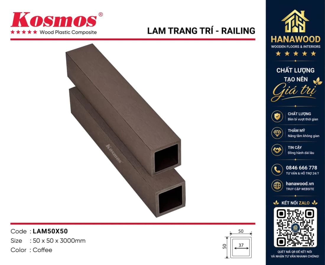 Thanh Lam Gỗ Nhựa Ngoài Trời Kosmos 50x50 Coffee