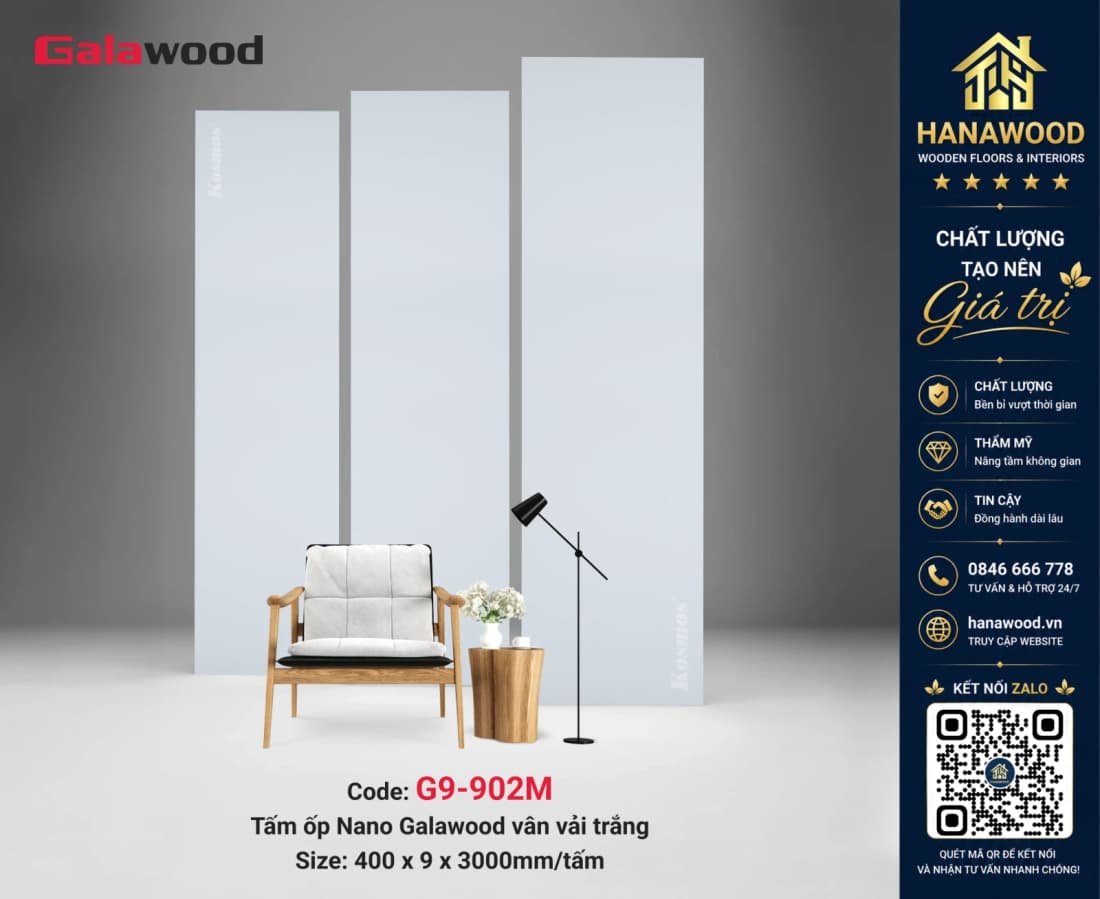 Tấm Nhựa Ốp Tường Nano Màu Trắng Trơn Galawood G9-902