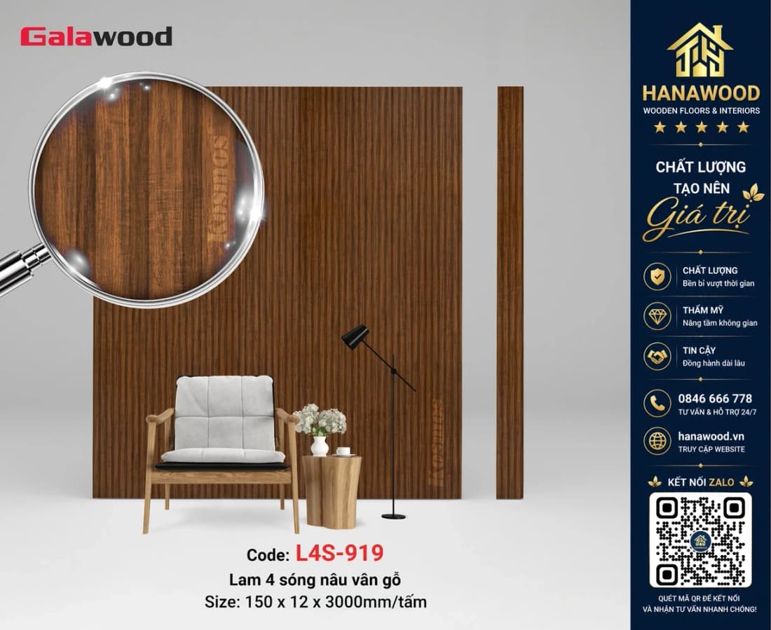 Tấm Ốp Nhựa Giả Gỗ Lam 4 Sóng Galawood L4S-919