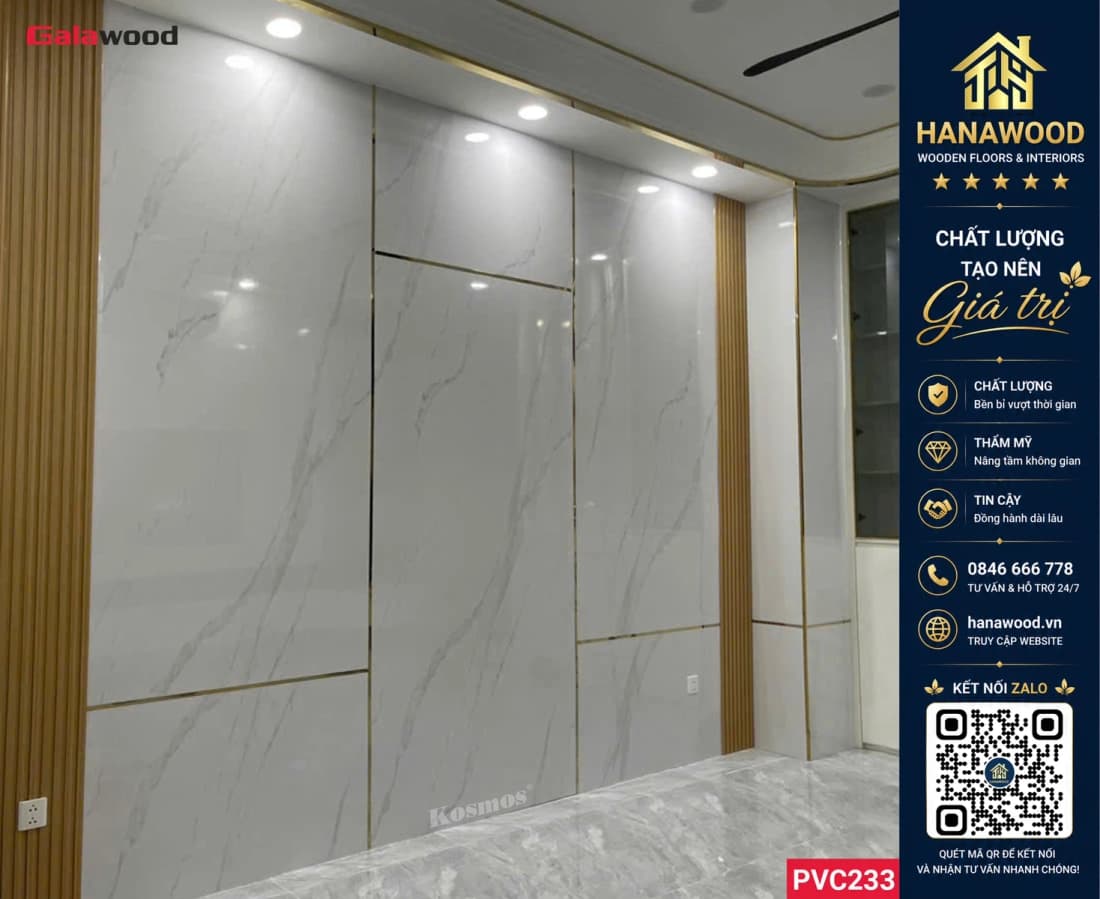 Ốp Tường PVC Giả Đá Galawood PVC233 Màu Trắng Vân Mây