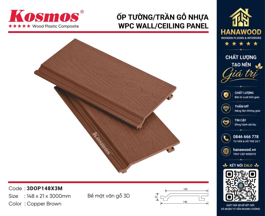 Tấm Ốp Trần Gỗ Nhựa Ngoài Trời Kosmos 3DOP148X2.2M Copper Brown