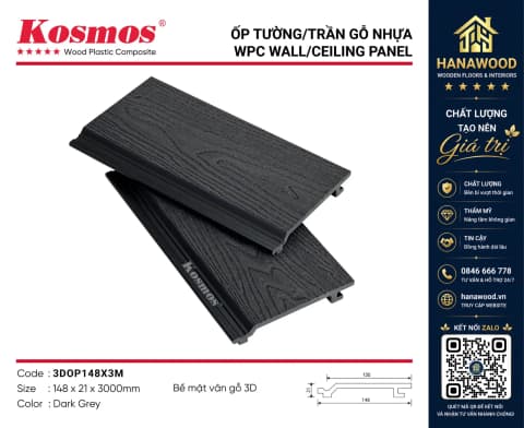Tấm Ốp Tường Vân Gỗ Ngoài Trời Kosmos 3DOP148X2.2M Dark Grey