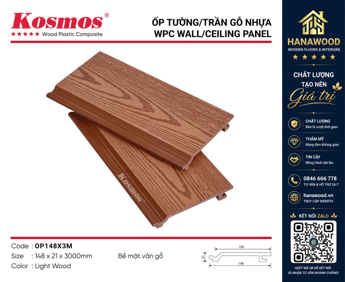 Ốp Vách Gỗ Nhựa Ngoài Trời Kosmos OP148X2.2M Light Wood