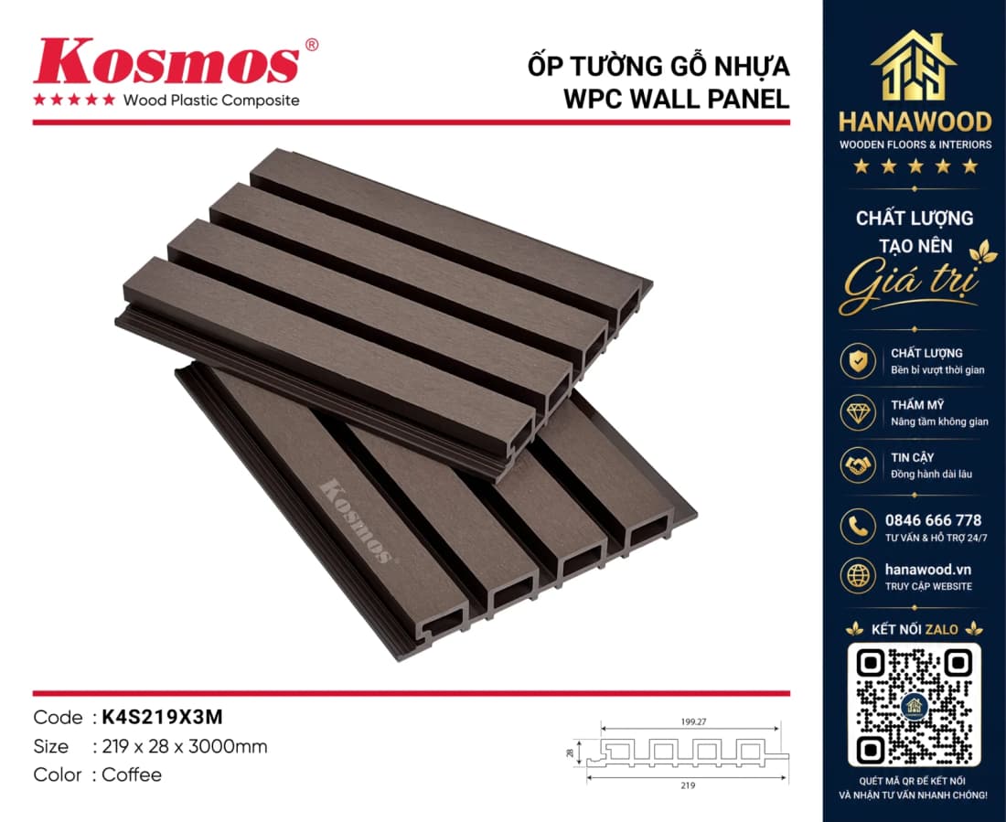 Lam Sóng Gỗ Nhựa Ngoài Trời Kosmos K4S219X2.2M Coffee