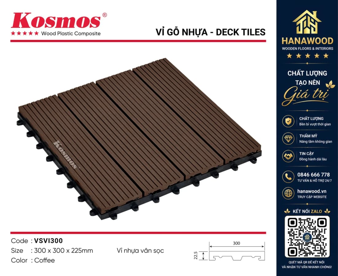 Vỉ Gỗ Nhựa Lót Sàn Ngoài Trời Kosmos Vân 3D VI300-Coffee