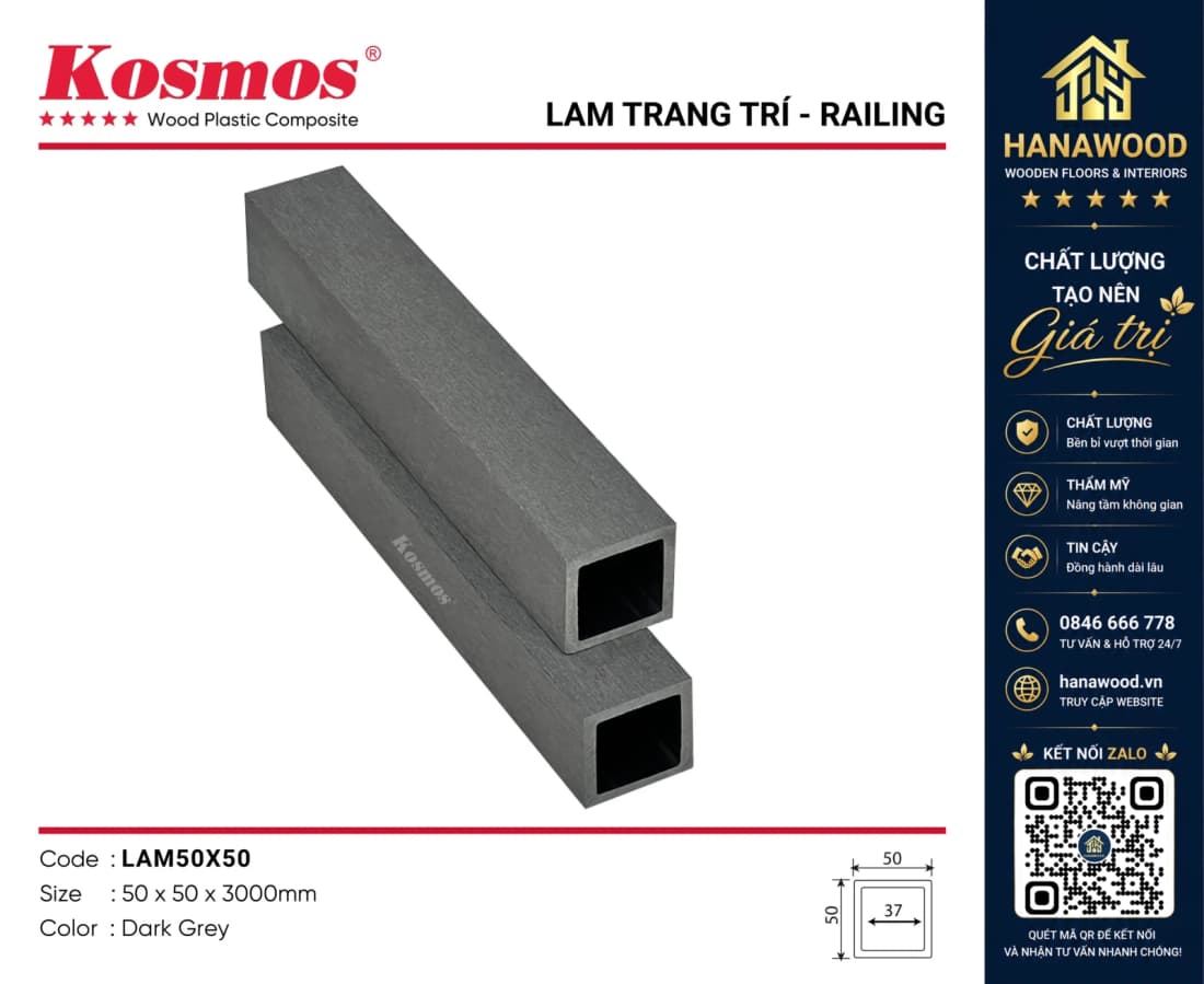 Thanh Lam Gỗ Nhựa Ngoài Trời Kosmos 50x50 Dark Grey