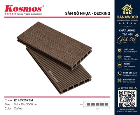 Sàn Gỗ Nhựa Kosmos 5 Lỗ Vuông Vân Tự Nhiên 3D K146V25 Coffee
