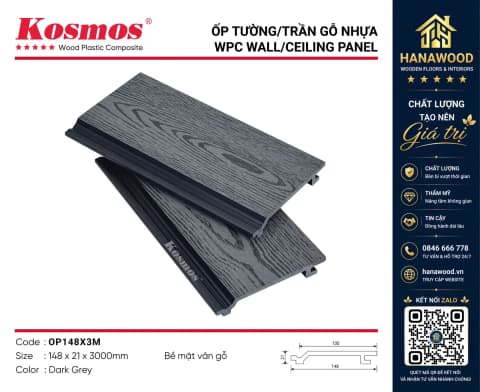 Tấm Ốp Gỗ Nhựa Ngoài Trời Kosmos OP148x21X2.2M Vân Gỗ Dark Grey
