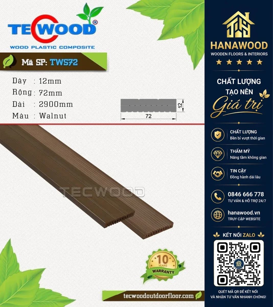 Thanh Lam Trang Trí Gỗ Nhựa Ngoài Trời TecWood TWS72 Walnut