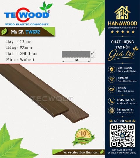 Thanh Lam Trang Trí Gỗ Nhựa Ngoài Trời TecWood TWS72 Walnut