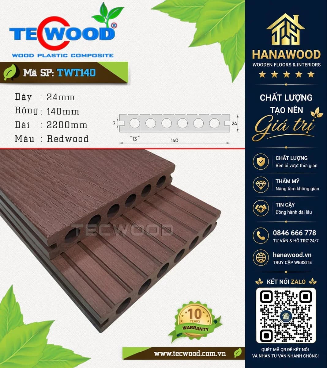 Sàn Hồ Bơi Ngoài Trời 6 Lỗ Tròn Tecwood TWT140 Red Wood