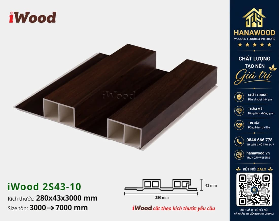 Lam 2 Sóng Cao Nhựa Giả Gỗ Ốp Tường Ốp Trần iWood 2S43-10