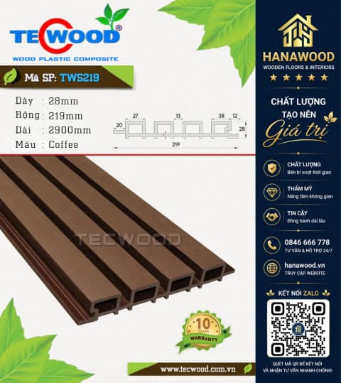 Tấm Ốp Lam Sóng Gỗ Nhựa Ngoài Trời Tecwood TWS219 Coffee