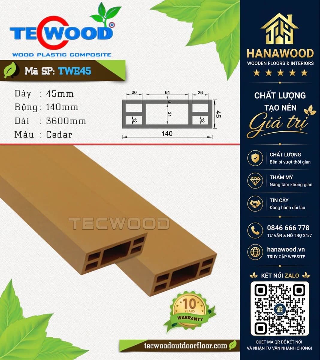 Thanh Lam Gỗ Nhựa Ngoài Trời TecWood TWE45 Cedar