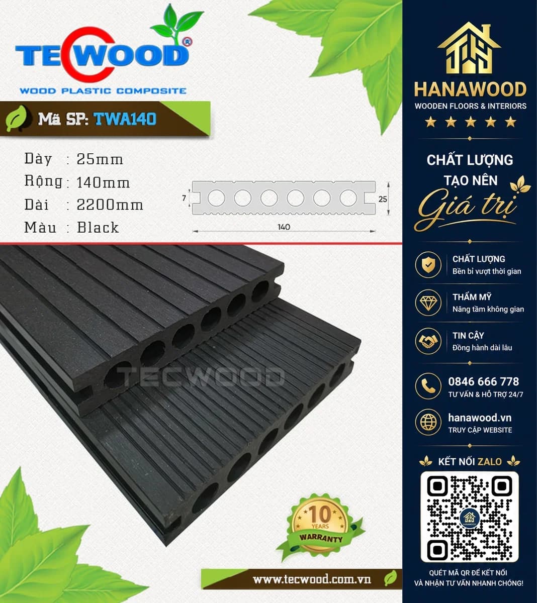 Sàn Gỗ Nhựa Ngoài Trời 6 Lỗ Tròn Tecwood TWA140 Black
