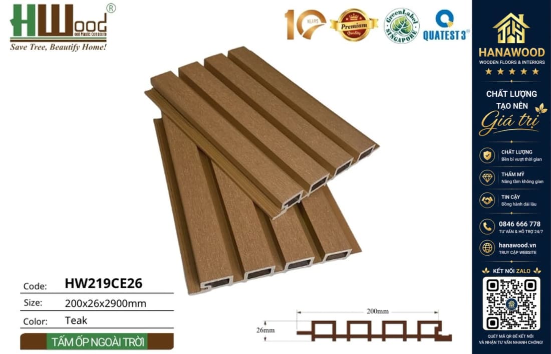 Tấm Ốp Lam Sóng Ngoài Trời 2 Lớp Polymer Hwood HW219CE26 Teak