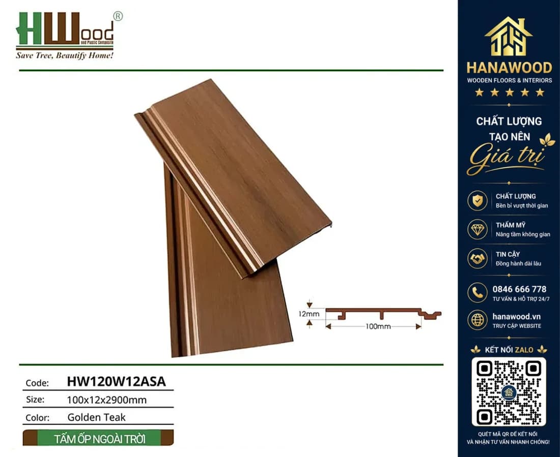Tấm Ốp Trần Ngoài Trời Phủ ASA Hwood HW120W12ASA Golden Teak