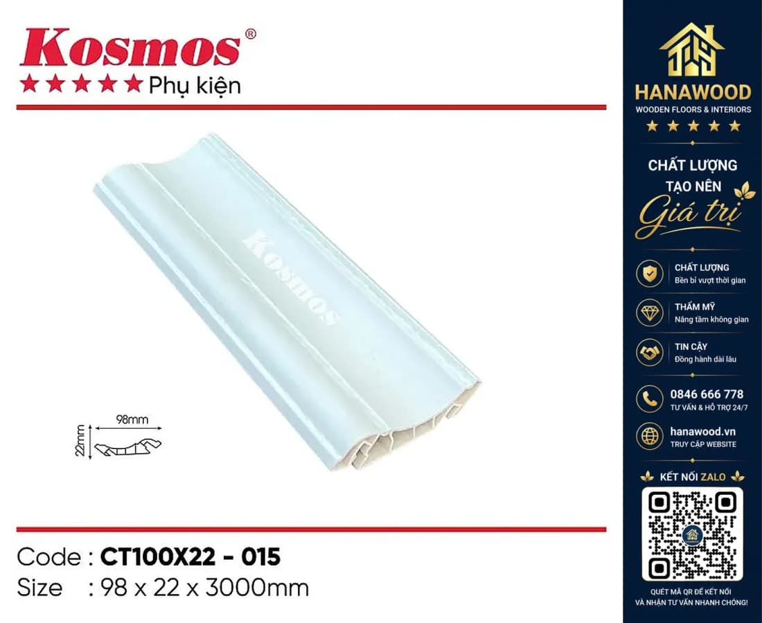 Phào cổ trần nhựa giả gỗ Kosmos Trắng Trơn 98 x 22 x 3000 mm
