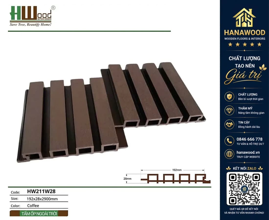 Tấm Ốp Trần Lam Sóng Gỗ Nhựa Ngoài Trời Hwood HW211W28 Coffee