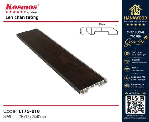 Len chân tường nhựa giả gỗ Kosmos mã LT75-010 15 x 75 x 2440 mm