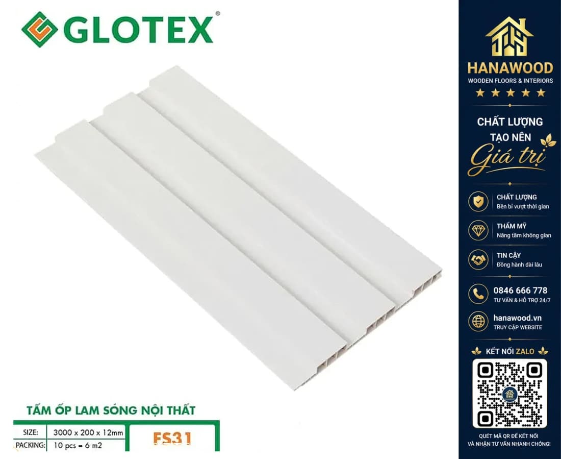 Tấm Ốp Tường Lam Sóng Nhựa Màu Trắng Vân Gỗ Glotex FS31
