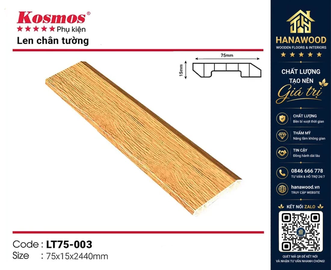 Len chân tường nhựa giả gỗ Kosmos mã LT75-003 15 x 75 x 2440 mm