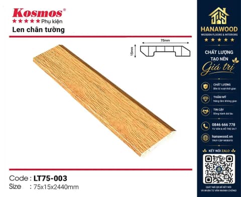 Len chân tường nhựa giả gỗ Kosmos mã LT75-003 15 x 75 x 2440 mm