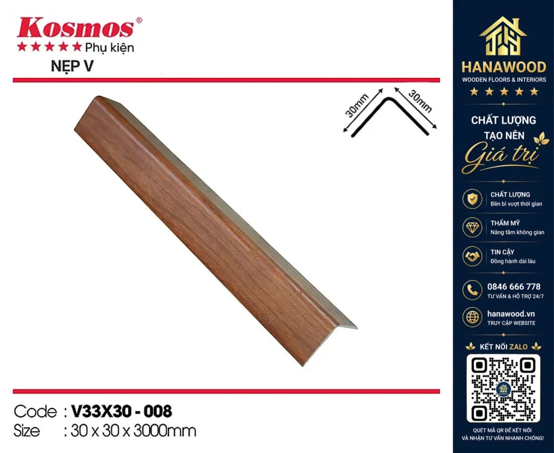Nẹp góc V nhựa giả gỗ Kosmos Giả Gỗ 30 x 30 x 3000 mm