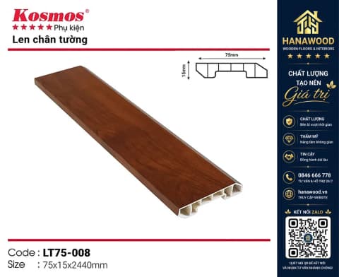 Len chân tường nhựa giả gỗ Kosmos mã LT75-008 15 x 75 x 2440 mm
