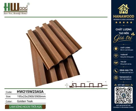Tấm Ốp Trần Lam Sóng Ngoài Trời ASA Hwood HW215W23ASA Golden Teak