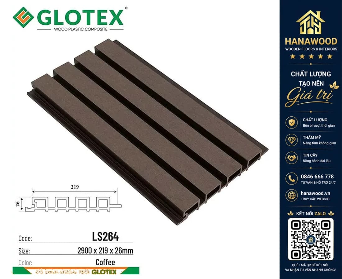 Tấm Ốp Lam Sóng Gỗ Nhựa Ngoài Trời Glotex LS264 Coffee